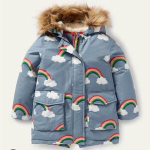 Boden Blue Rainbow Pattern Coat with Faux Trim Hood Waterproof